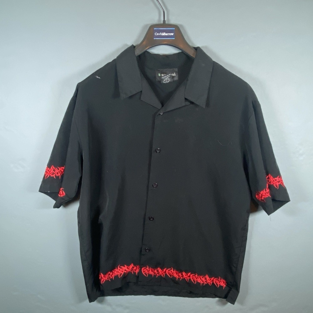 Men's No Boundaries 2000s Y2K Button Up Short‎ Shirt Red Barbed Wire Size L